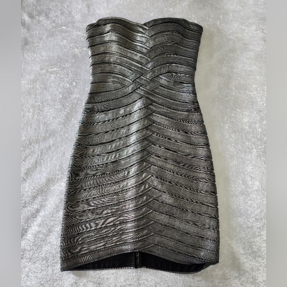 BCBGMaxAzria Strapless Metallic Sheath Dress in Gunmetal Silver